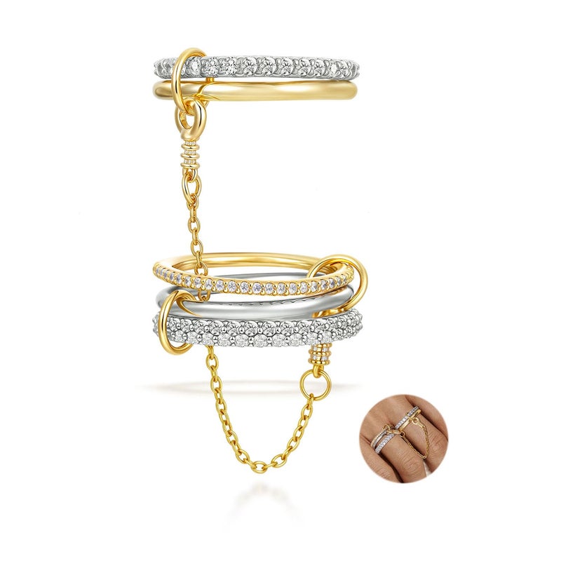 COLOYAN Gold Stackable Rings for Women, Interlocked Stackable Ring with Chain Non Tarnish, 18k Gold Plated Silver Gold Mixed Metals Chunky Stack Statement Rings - Image 1