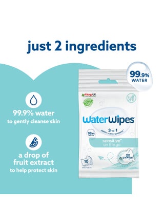 WaterWipes Sensitive+ On The Go Wipes, 10 Count (1 Pack), 3-In-1 Cleans, Cares, Protects, 99.9% Water, Unscented Wet Wipes - view 4