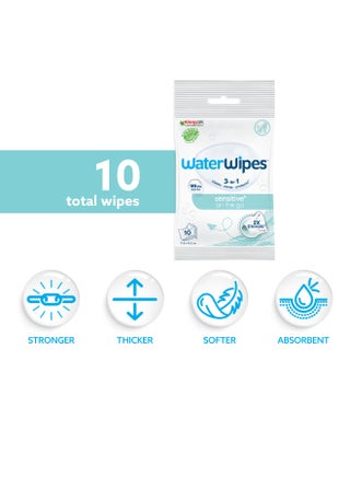 WaterWipes Sensitive+ On The Go Wipes, 10 Count (1 Pack), 3-In-1 Cleans, Cares, Protects, 99.9% Water, Unscented Wet Wipes - view 2