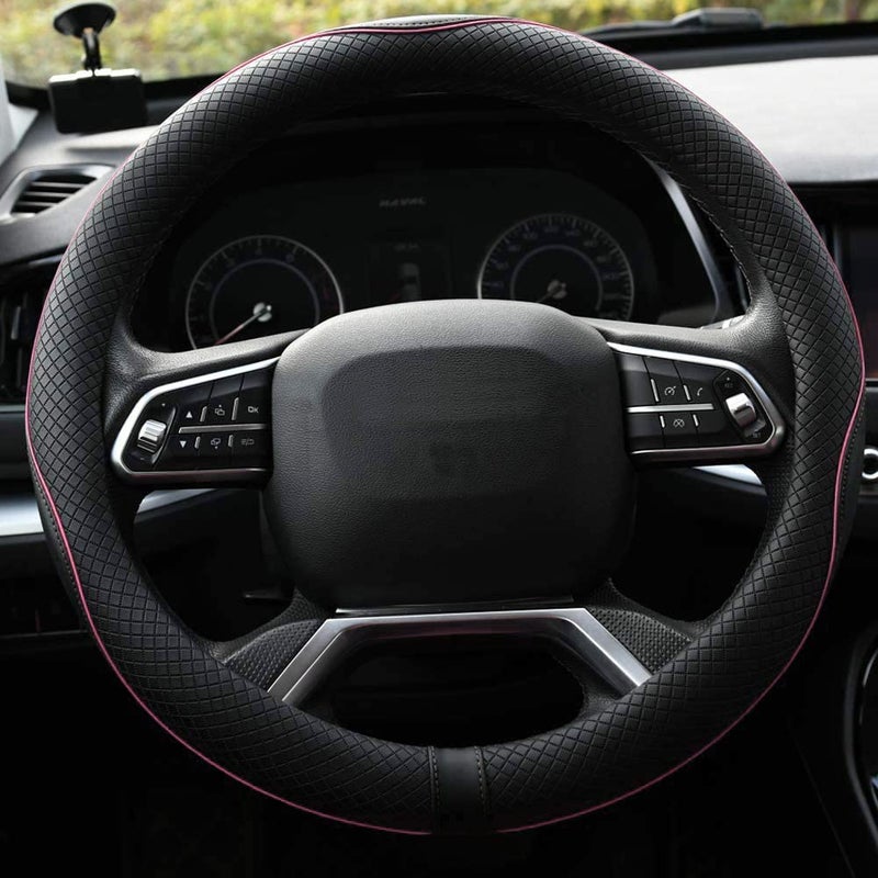 Rueesh Microfiber Leather Steering Wheel Cover Anti-Slip Matte Finish Auto Car Wheel Cover Universal 15 Inch Wheel Cover for Car Embossing Pattern (Pink Line) - Image 2