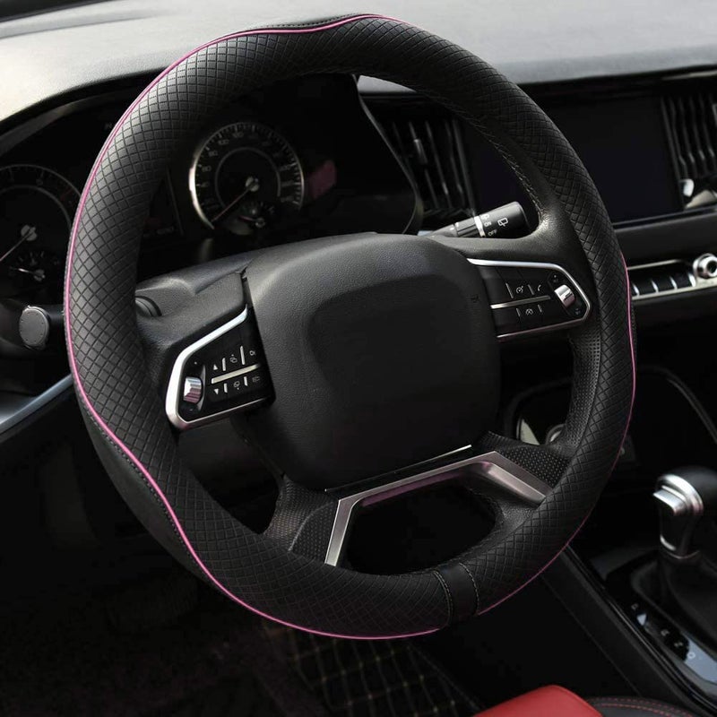 Rueesh Microfiber Leather Steering Wheel Cover Anti-Slip Matte Finish Auto Car Wheel Cover Universal 15 Inch Wheel Cover for Car Embossing Pattern (Pink Line) - Image 1