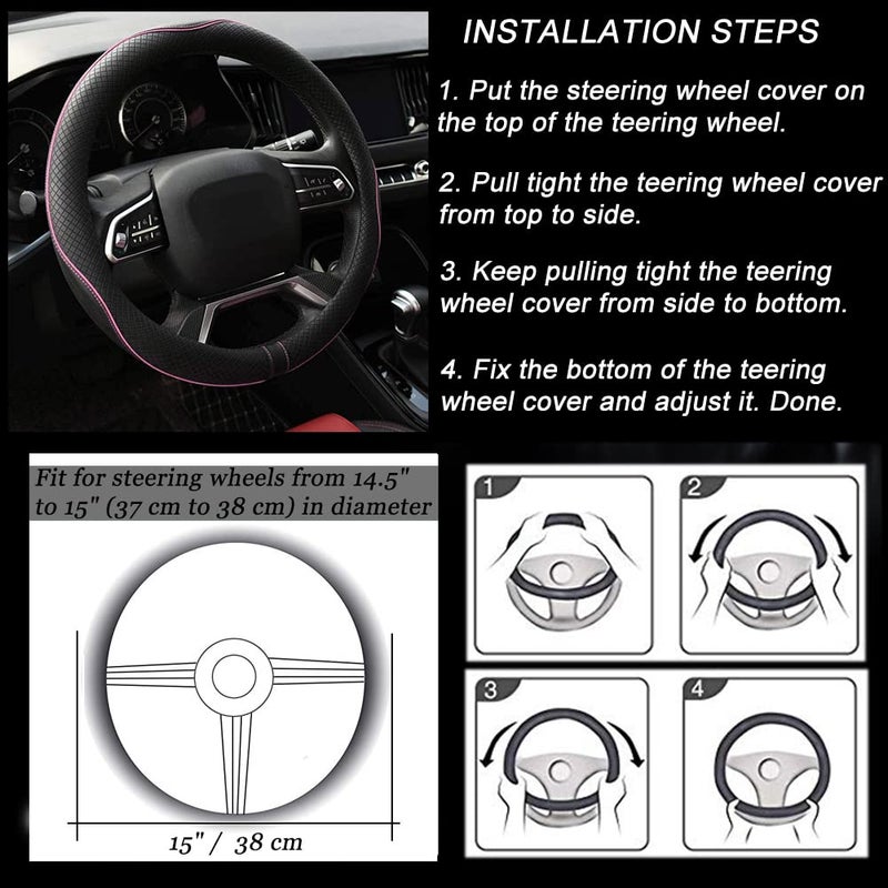 Rueesh Microfiber Leather Steering Wheel Cover Anti-Slip Matte Finish Auto Car Wheel Cover Universal 15 Inch Wheel Cover for Car Embossing Pattern (Pink Line) - Image 5