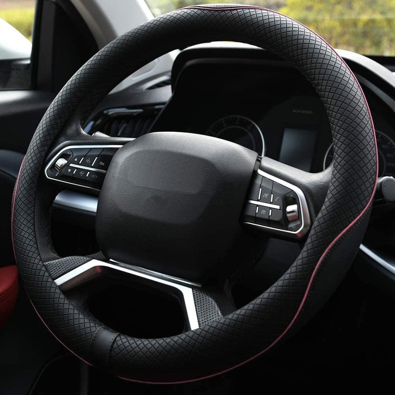 Rueesh Microfiber Leather Steering Wheel Cover Anti-Slip Matte Finish Auto Car Wheel Cover Universal 15 Inch Wheel Cover for Car Embossing Pattern (Pink Line) - Image 3
