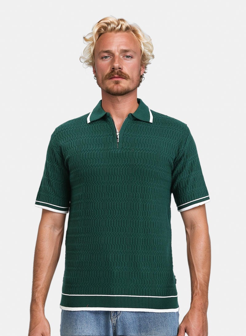RAVIN Men Zip Wave Texture Polo Shirt-Cotton Blend - Image 1