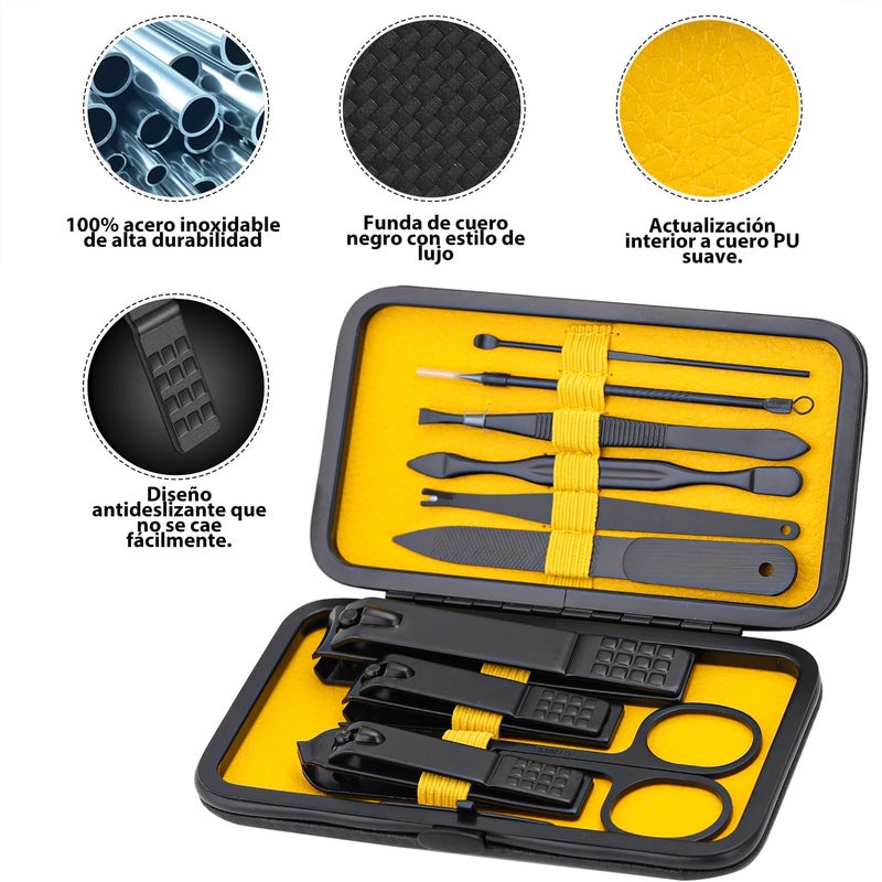 Glamne Manicure Set Nail Clippers Kit Professional Stainless Steel Nail Care Tools with Leather Travel Case 10 in 1 Yellow - Image 3