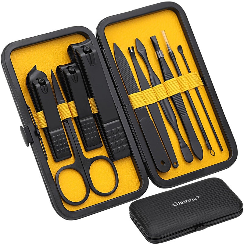 Glamne Manicure Set Nail Clippers Kit Professional Stainless Steel Nail Care Tools with Leather Travel Case 10 in 1 Yellow - Image 1