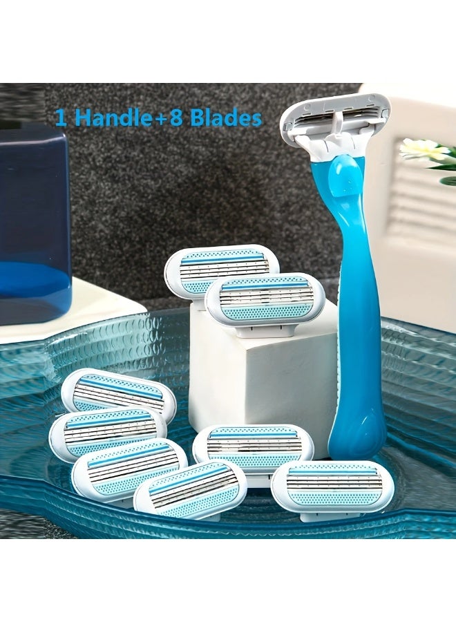 يوكانبي شفرة حلاقة يدوية للنساء بثلاث شفرات من الفولاذ المقاوم للصدأ – مقبض واحد + ٨ رؤوس قابلة للاستبدال / ٨ رؤوس فقط - Image 4