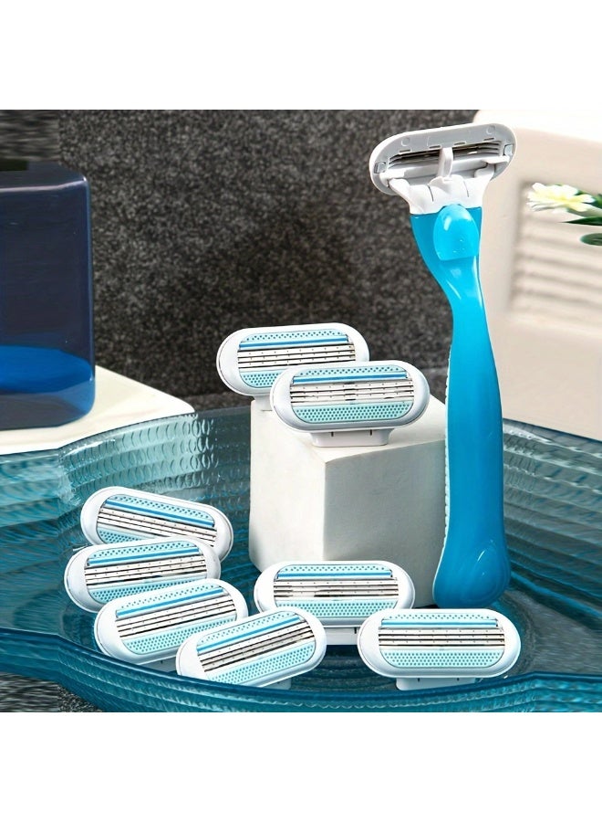 يوكانبي شفرة حلاقة يدوية للنساء بثلاث شفرات من الفولاذ المقاوم للصدأ – مقبض واحد + ٨ رؤوس قابلة للاستبدال / ٨ رؤوس فقط - Image 1