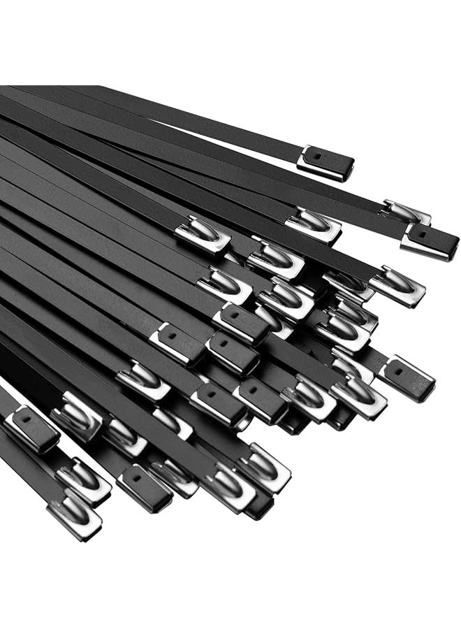 S-TOP Black Metal Zip Ties, 100 Pcs 11.8 inch 304 Stainless steel Epoxy Coated Cable Tie, Multi-purpose Self-locking Cable Ties, for Machinery, Vehicles, Cables, Outdoor Binding - Image 1