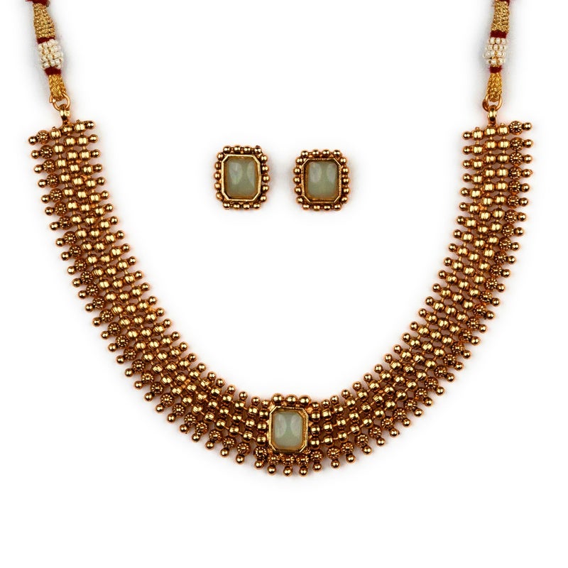 Sasitrends Matte Gold Plated Ball Chain Ruby Necklace Set with Rectangle Stone & Matching Earrings - Image 5