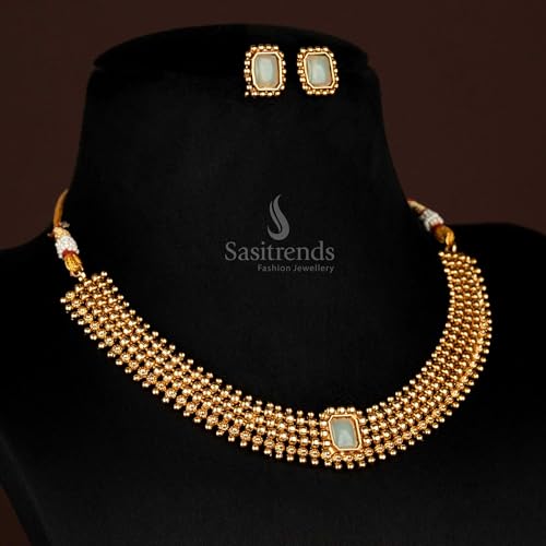 Sasitrends Matte Gold Plated Ball Chain Ruby Necklace Set with Rectangle Stone & Matching Earrings - Image 2