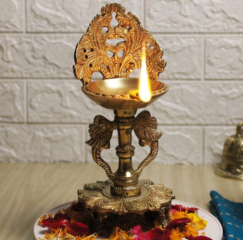 ARTVARKO ARTVARKO Brass Double Peacock Designer Diya Showpiece Oil Lamp Deepak with Wick for Diwali Puja Pooja Lights Home Decoration Gifts Festivals 9 Inch 