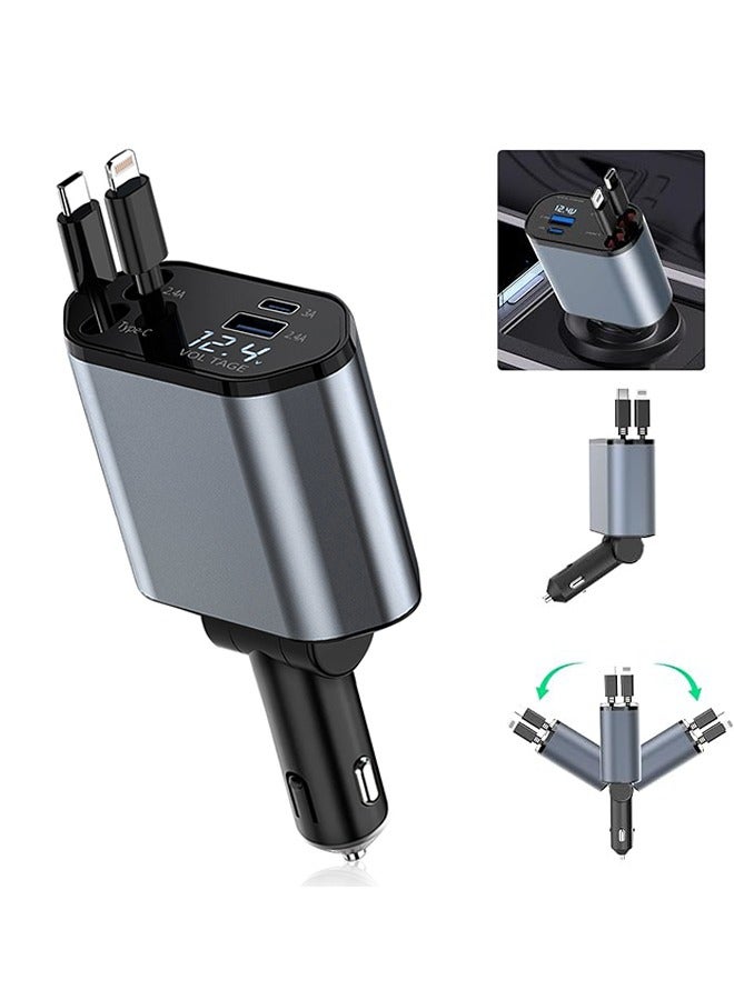 X-level Retractable Fast Car Charger,4 in 1 Fast Car Phone Charger 120W with Retractable Charging Cable and 2 USB Ports Car Charger Adapter for  iPhone,Samsung,Galaxy,Huawei,Xiaomi - Image 1