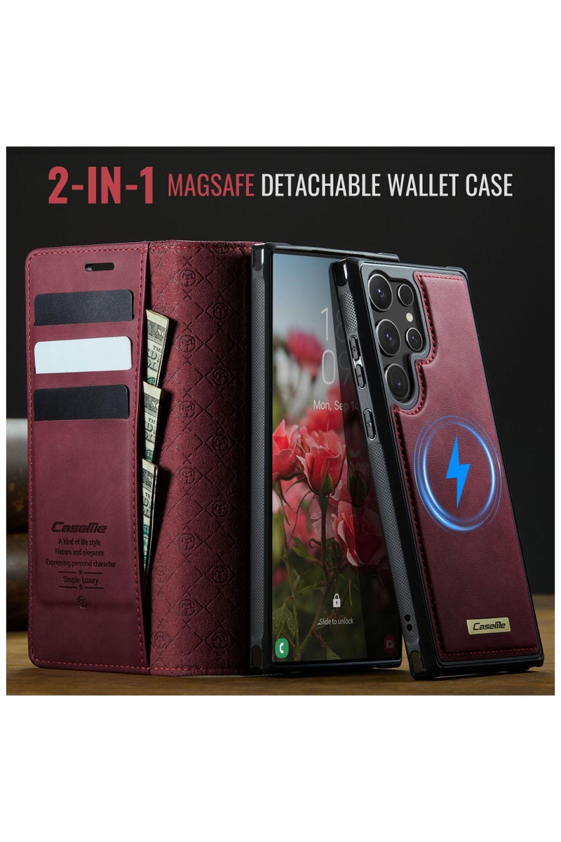 CaseMe C49 Magnetic RFID Blocking Detachable Wallet MagSafe Leather Phone Case for Samsung Galaxy S25 Ultra - Red - Image 4