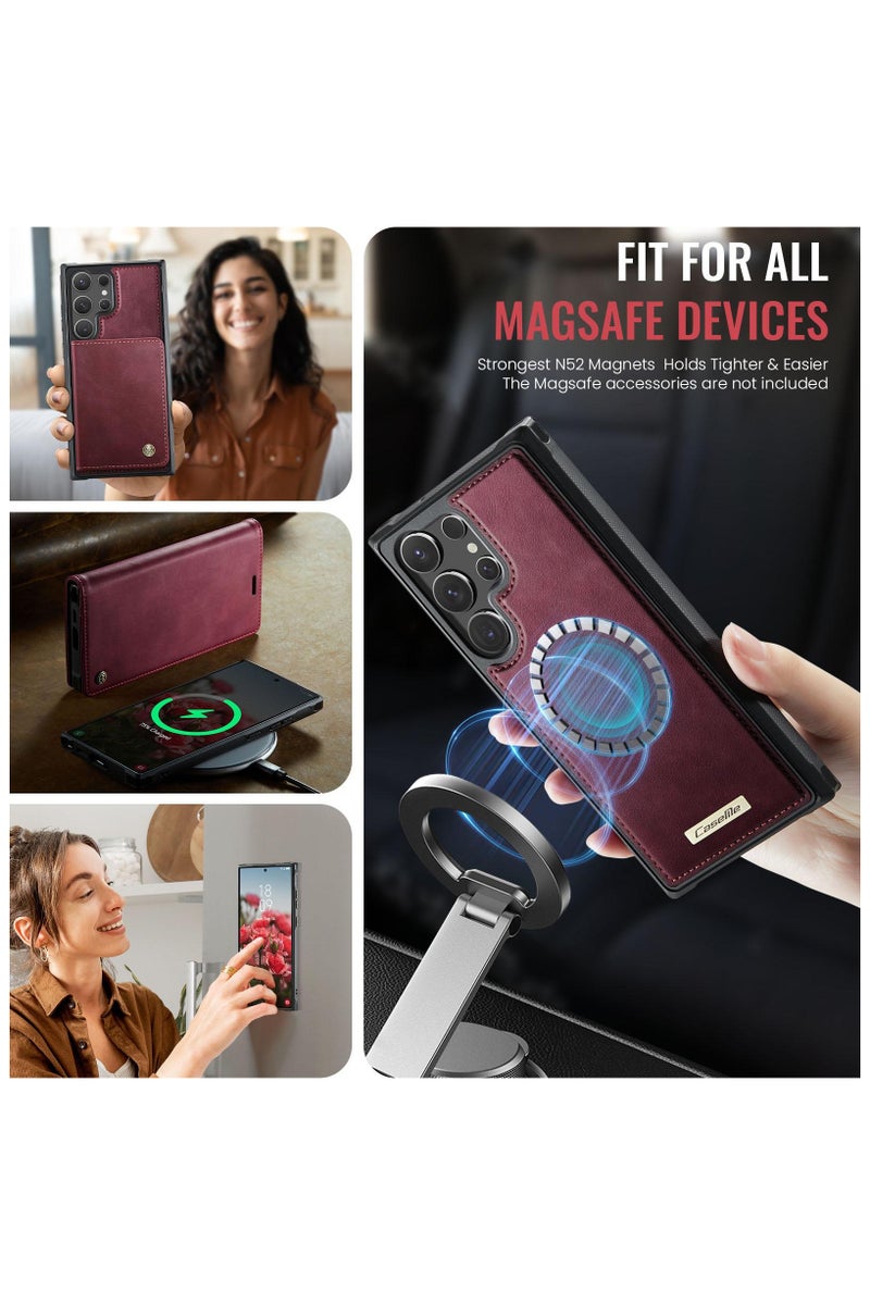 CaseMe C49 Magnetic RFID Blocking Detachable Wallet MagSafe Leather Phone Case for Samsung Galaxy S25 Ultra - Red - Image 3