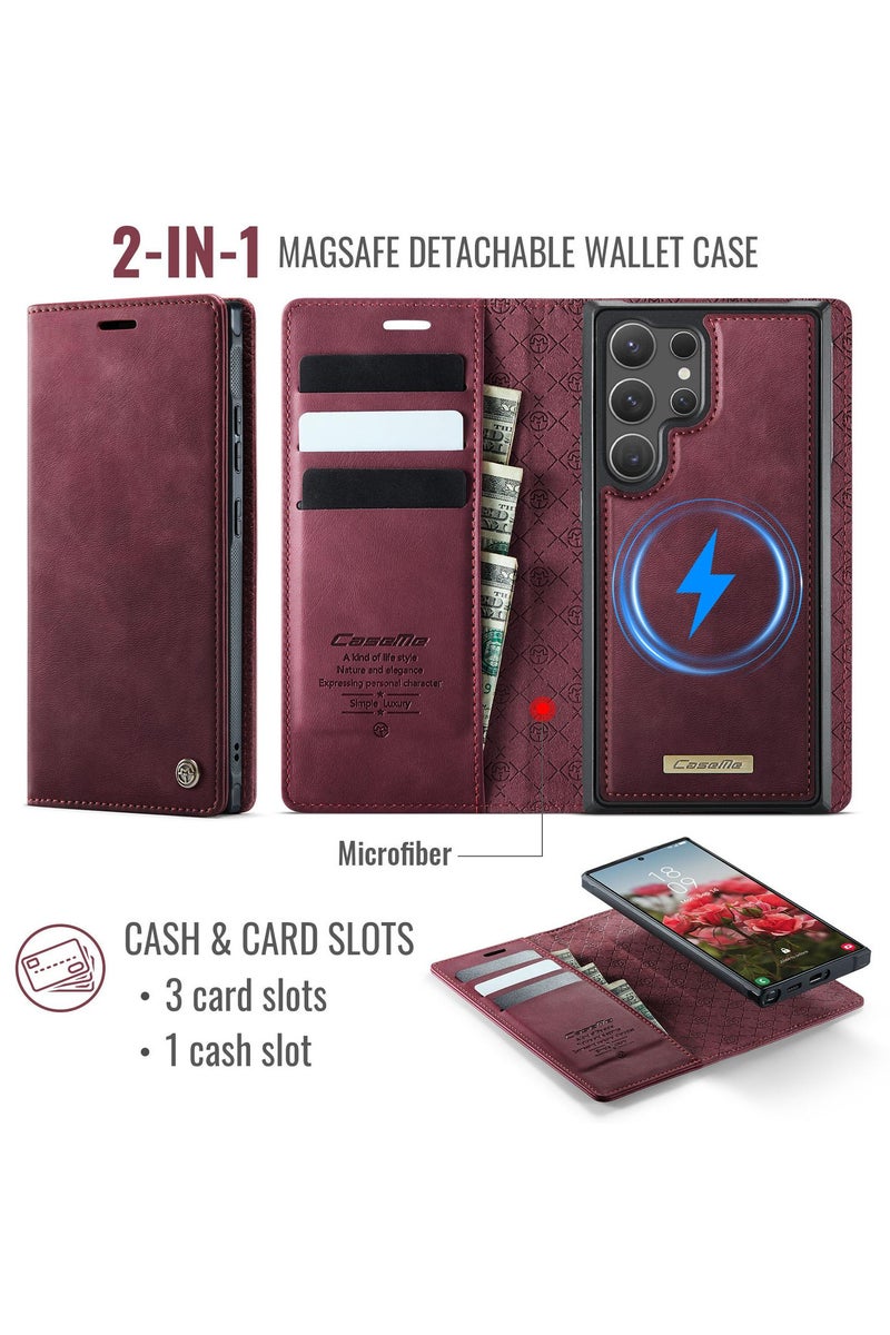 CaseMe C49 Magnetic RFID Blocking Detachable Wallet MagSafe Leather Phone Case for Samsung Galaxy S25 Ultra - Red - Image 2