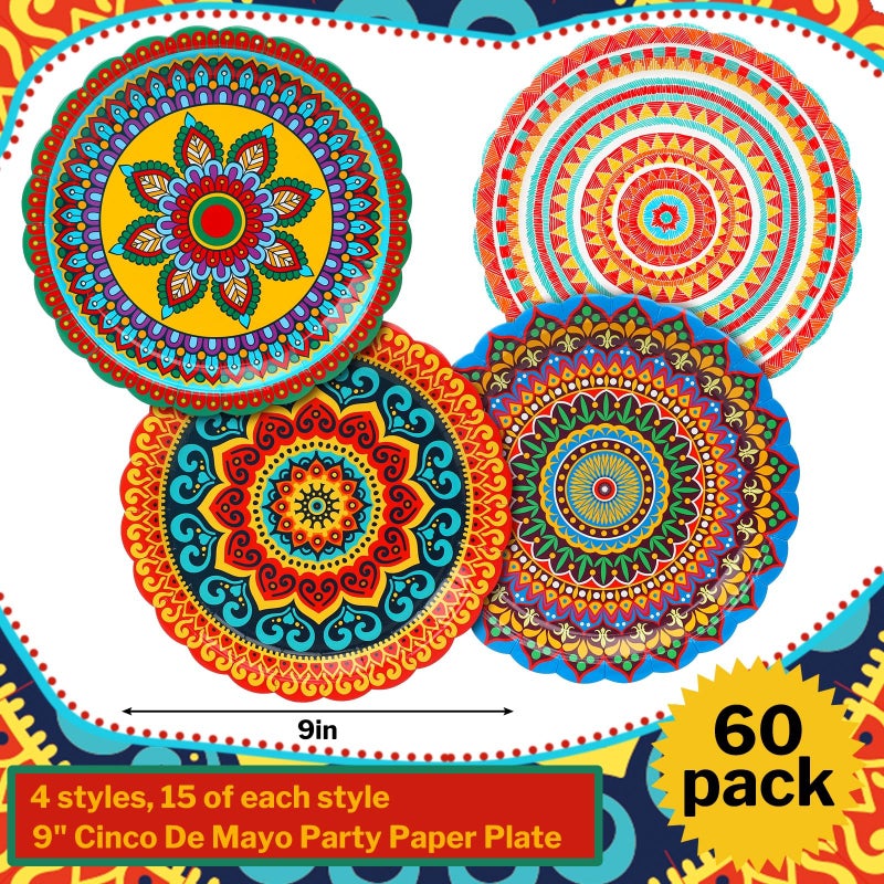 FoldTier 60 Pcs Fiesta Mexican Paper Plates 9 Inch Cinco De Mayo Party Dessert Disposable Taco Party Plates for Decorations Birthday Supplies Cake Favors Baby Shower Safari (Fiesta) - Image 2