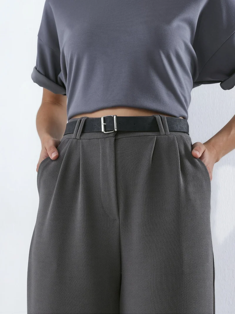 Hiccup Charcoal Grey Belted Stretch Palazzo Pants for Women | Best Price UAE