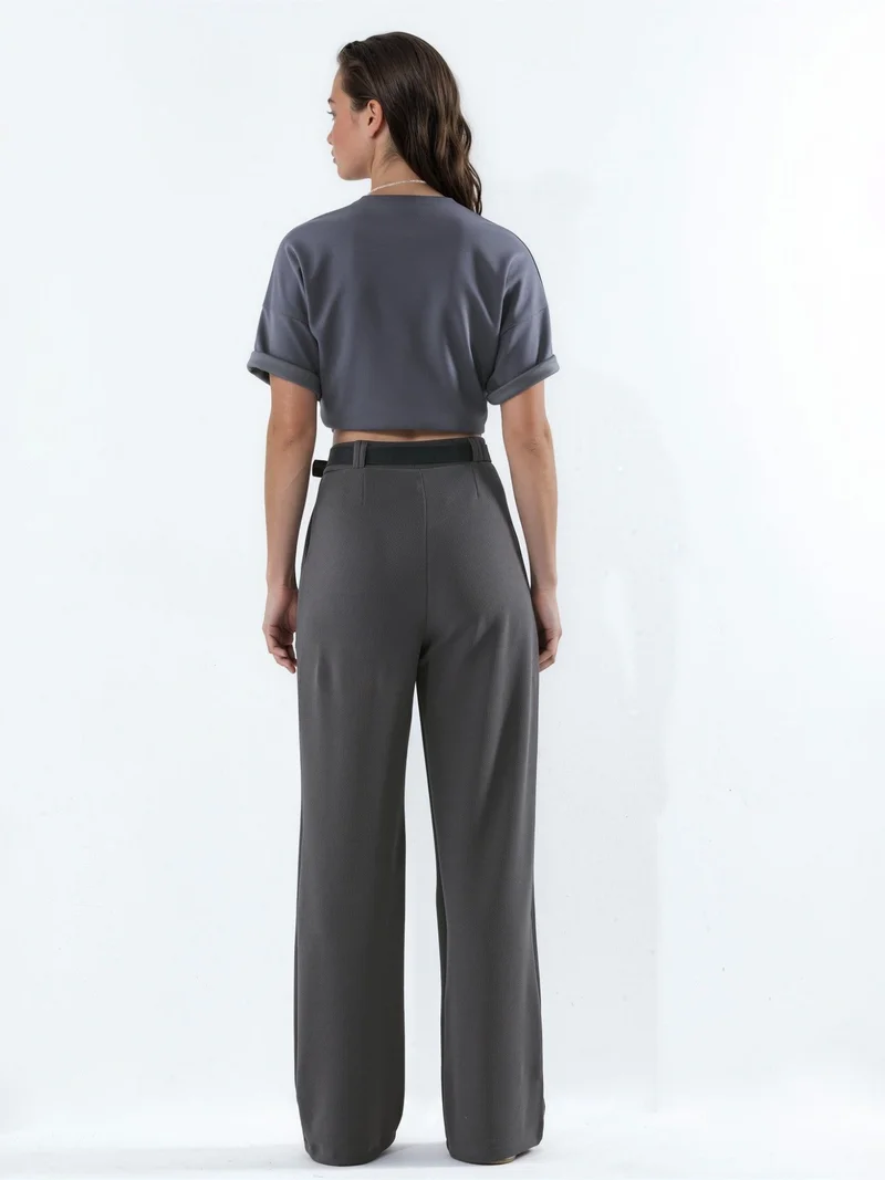 Hiccup Charcoal Grey Belted Stretch Palazzo Pants for Women | Best Price UAE