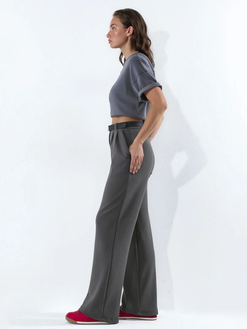 Hiccup Charcoal Grey Belted Stretch Palazzo Pants for Women | Best Price UAE