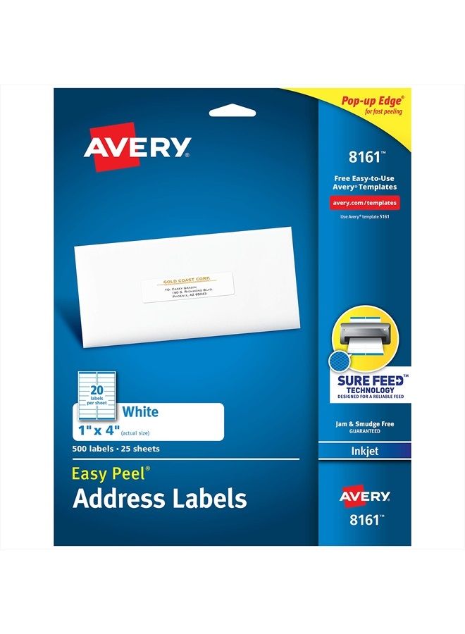Avery Address Labels with Sure Feed for Inkjet Printers, 1" x 4", 500 Labels, Permanent Adhesive (8161), White - Image 1