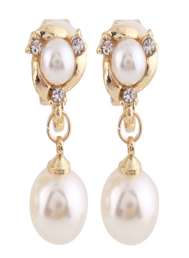 Grace Jun™Luxury Gold-tone Rhinestone Crystal White Simulated Pearl Clip-on Drop Earring for Women Party Wedding Charm Ear Clip (gold) - Image 1
