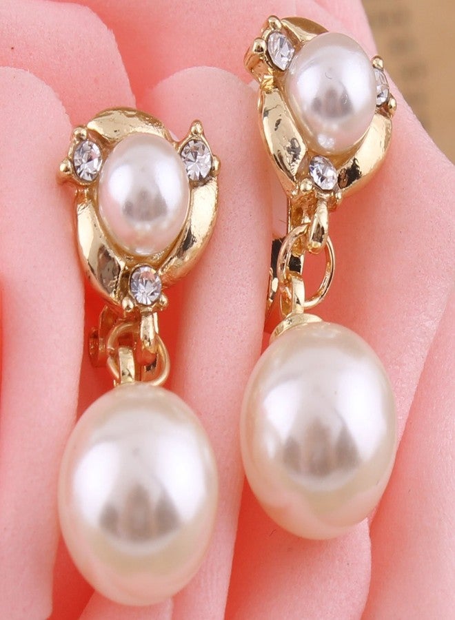 Grace Jun™Luxury Gold-tone Rhinestone Crystal White Simulated Pearl Clip-on Drop Earring for Women Party Wedding Charm Ear Clip (gold) - Image 3