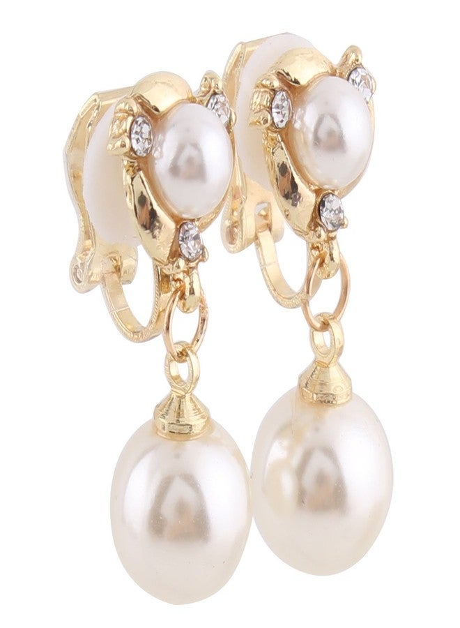 Grace Jun™Luxury Gold-tone Rhinestone Crystal White Simulated Pearl Clip-on Drop Earring for Women Party Wedding Charm Ear Clip (gold) - Image 2