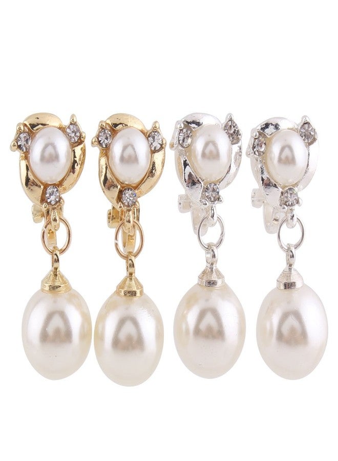 Grace Jun™Luxury Gold-tone Rhinestone Crystal White Simulated Pearl Clip-on Drop Earring for Women Party Wedding Charm Ear Clip (gold) - Image 4