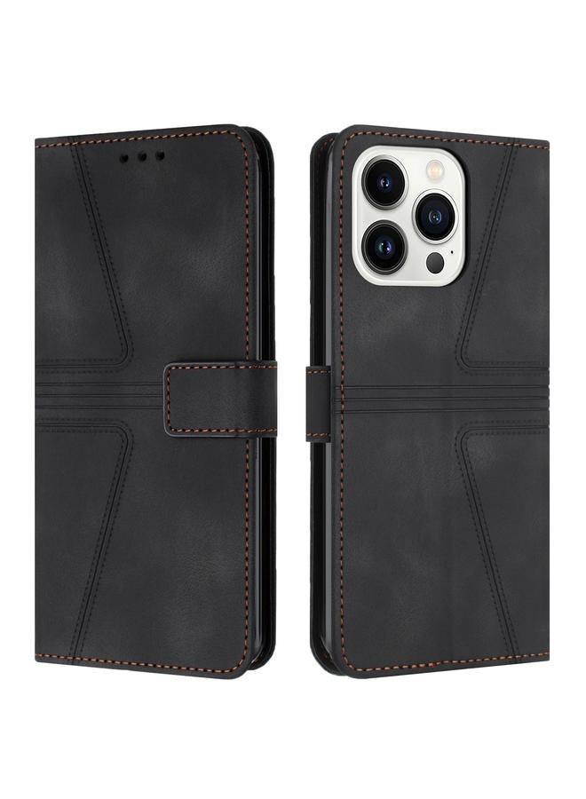 جراب هاتف جلدي بلون سادة على شكل مثلث لهاتف iPhone 14 Pro Max (أسود)