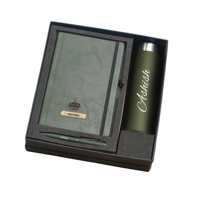 STAINLESS STEEL CUSTOMIZED GIFTS FOR MEN BIRTHDAY SPECIAL, PERSONALIZED DAIRY, PEN & BOTTLE WITH CHARM NAME, GIFT WOMEN BIRTHDAY, ANNIVERSARY, WEDDING, (GREEN, 750 ML)