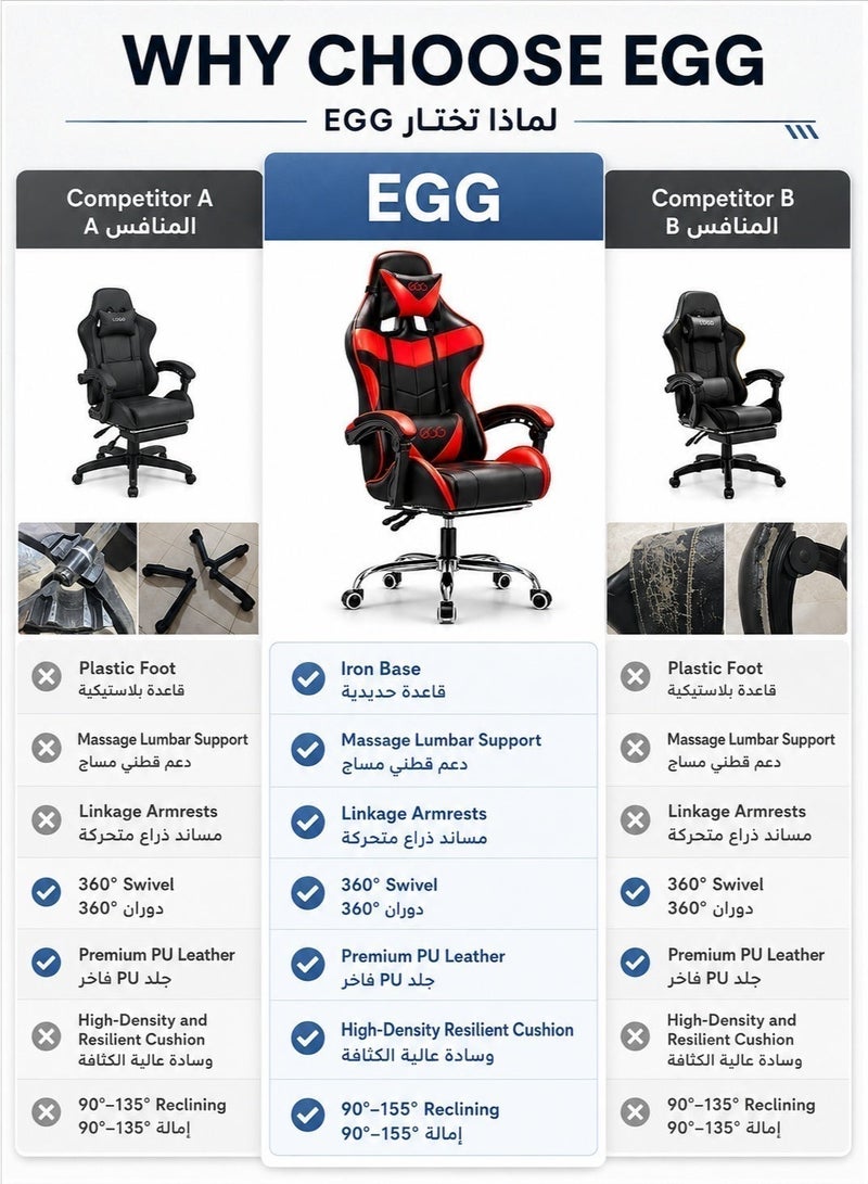 Egg Iron Legged Racing Gaming Chair with Footrest & Headrest, Adjustable PU Leather Office Chair with High Back Lumbar Support & Comfortable Armrest, 122x64x64 cm - Image 2