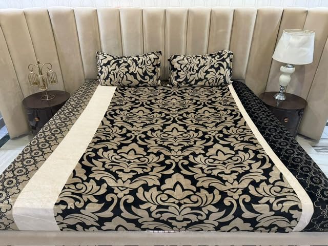 D IMPORTS D IMPORTS Diwali Special Super Soft Warm Winter Fleno Elastic Fitted 200 TC Bedsheets For Double Bed King Size 90X100 Inches With 2 Pillow Covers Special Diwali Gift Bag Packing Golden Beige Combo 