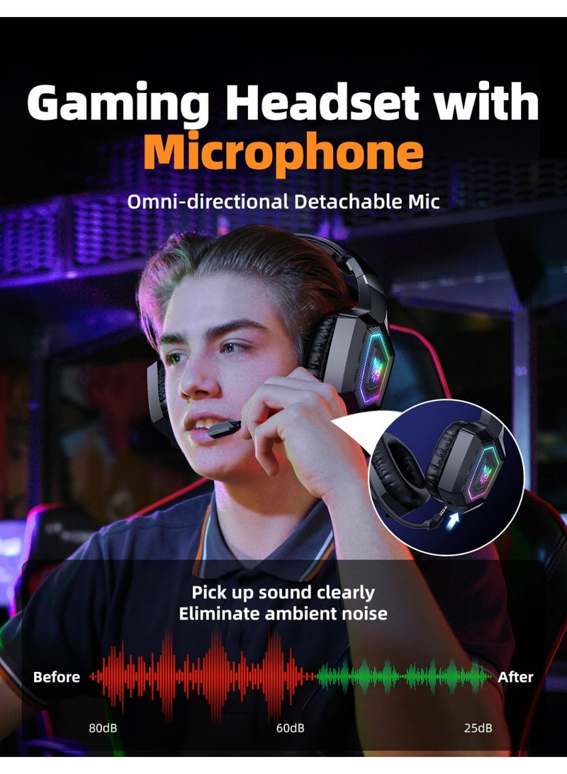 onikuma 2.4GHz Wireless Gaming Headset for PC, Ps4, Ps5, USB & Type-C Gaming Headphones with Detachable Microphone, Bluetooth 5.4 Over Ear Gamer Headset Compatible for Switch, Laptop, Mobile, Mac, RGB Light - Image 4