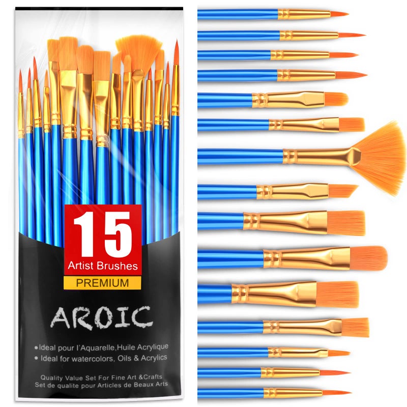 AROIC Acrylic Paint Brush Set 15 pcs Nylon Hair Paint Brushes for All Purpose Oil Watercolor Face Body Rock Painting Artist Small Painting Brush Kits for Kids Adult Drawing