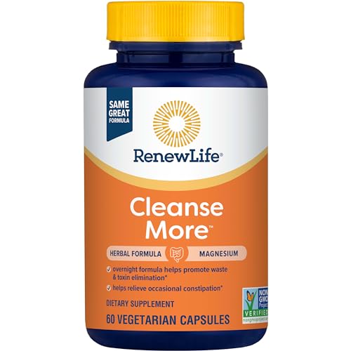 Renew Life Cleanse More Herbal Formula with Magnesium for Overnight Occasional Constipation Relief Helps Promote Waste and Toxin Elimination Gluten Dairy and Soy Free 60 Vegetarian Capsules