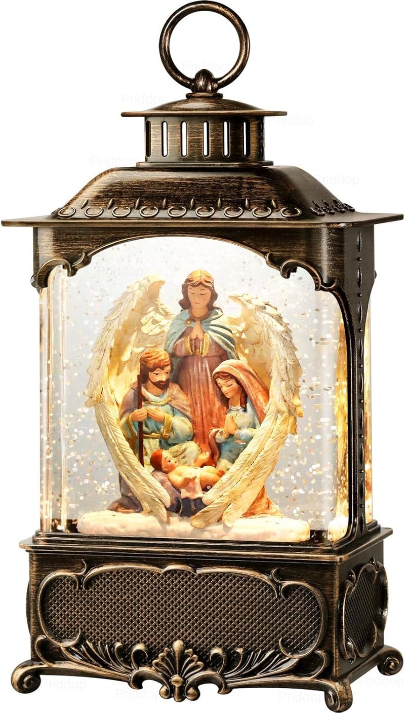 Priddop Nativity Snow Globe Christmas Decorations Gifts Jesus Angel Nativity Scene USB/Battery Timer Music Glitter Snowfall Lantern 10.2 inch - Image 1