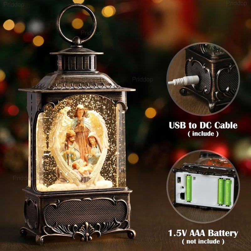 Priddop Nativity Snow Globe Christmas Decorations Gifts Jesus Angel Nativity Scene USB/Battery Timer Music Glitter Snowfall Lantern 10.2 inch - Image 3
