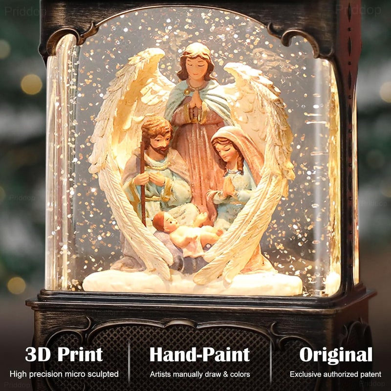 Priddop Nativity Snow Globe Christmas Decorations Gifts Jesus Angel Nativity Scene USB/Battery Timer Music Glitter Snowfall Lantern 10.2 inch - Image 2