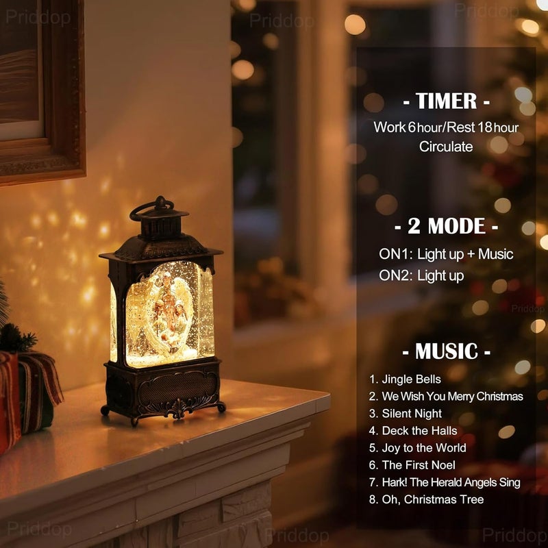 Priddop Nativity Snow Globe Christmas Decorations Gifts Jesus Angel Nativity Scene USB/Battery Timer Music Glitter Snowfall Lantern 10.2 inch - Image 4