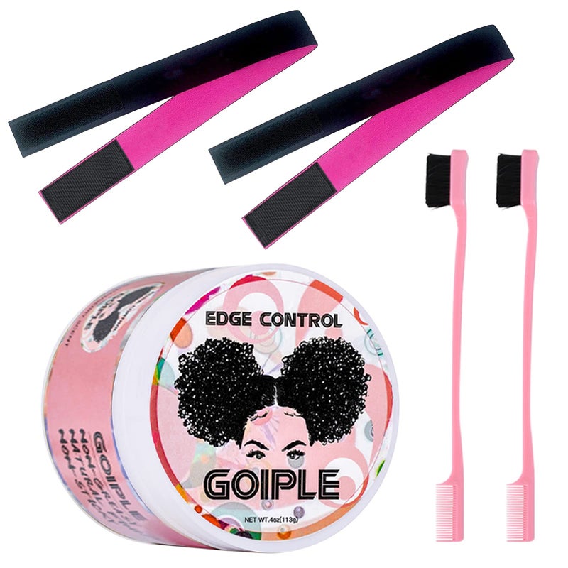 Goiple Edge Control Wax for Women Strong Hold Nongreasy Edge Smoother Strawberry Scent 4oz Edge Control Wax  Edge Brushes2  Pink Elastic Bands2