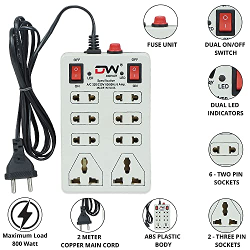 Digiway 240 Volts 8 + 2 Mini Power Strip Extension Cord/Board with 2 Switch, Indicator, Safety Fuse & 8 International sockets, 2 Meter Cord Wire (Beige) - Image 2