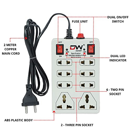 Digiway 240 Volts 8 + 2 Mini Power Strip Extension Cord/Board with 2 Switch, Indicator, Safety Fuse & 8 International sockets, 2 Meter Cord Wire (Beige) - Image 3
