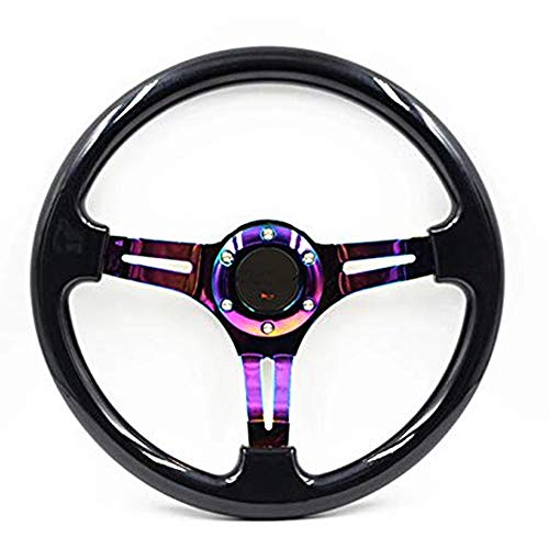 U/D Universal 14" 350mm Car Racing Steering Wheel Quick Release Drifting Neo Chrome Spoke Black Wood Grain Steering Wheel with Horn Button - Image 1