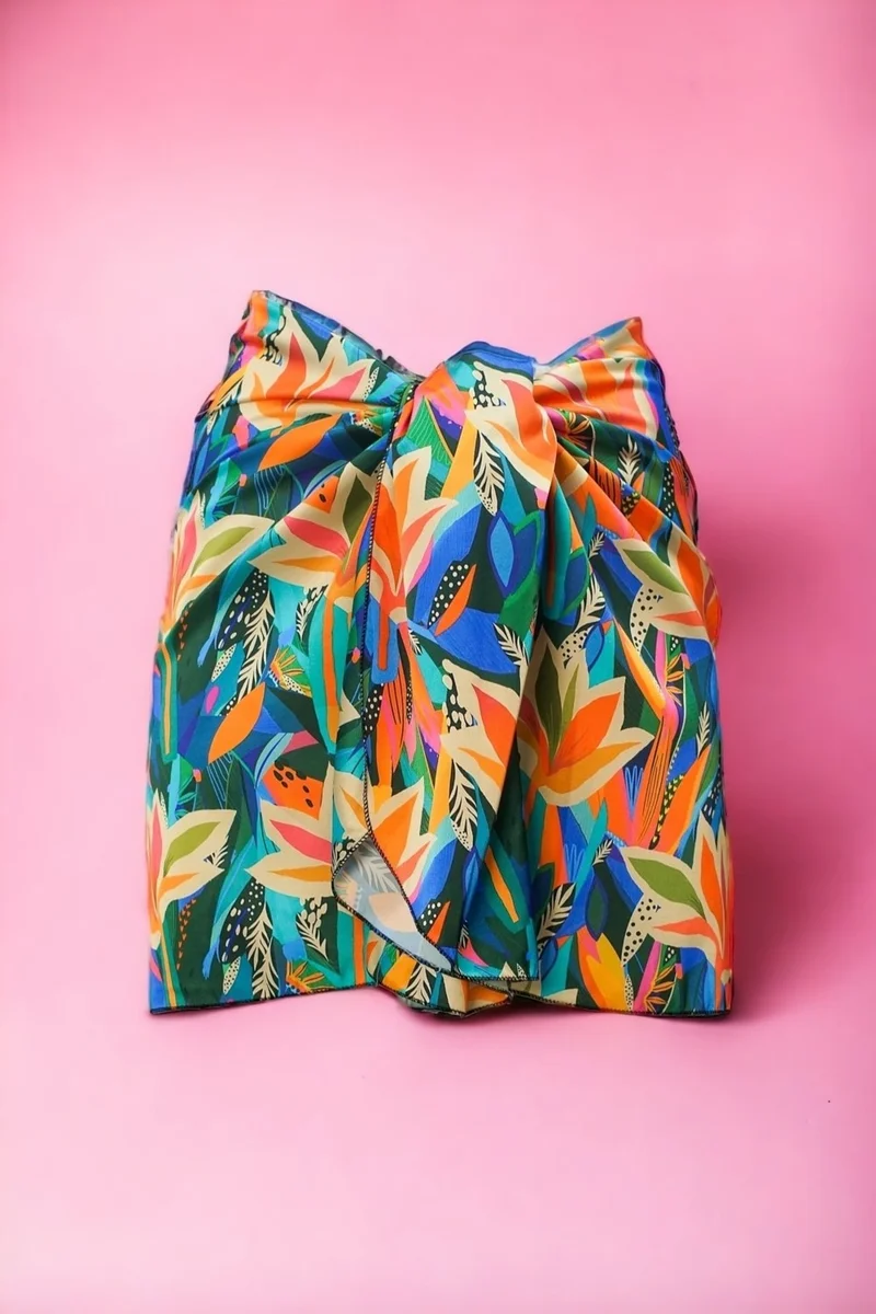 بيستور Pink Orange Leaf Patterned Short Pareo Satin See-through Women's Beach Dress New Season