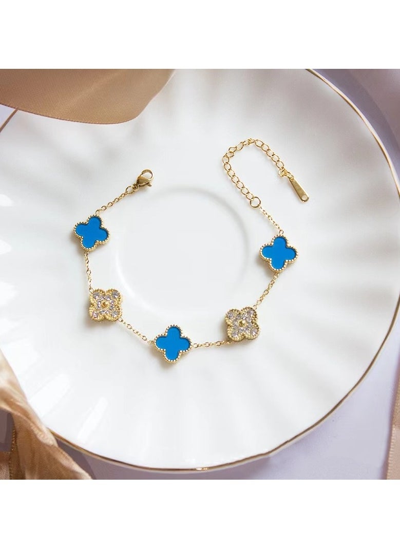 NCVI - Women's 18k Gold White Petal Bracelet, Van Cleef Collection, Four Leaf Clover Light Blue - Image 1