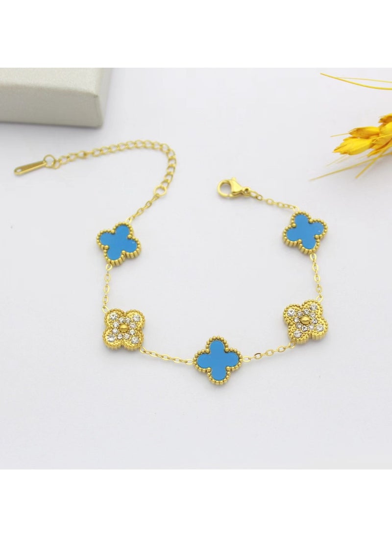 NCVI - Women's 18k Gold White Petal Bracelet, Van Cleef Collection, Four Leaf Clover Light Blue - Image 1