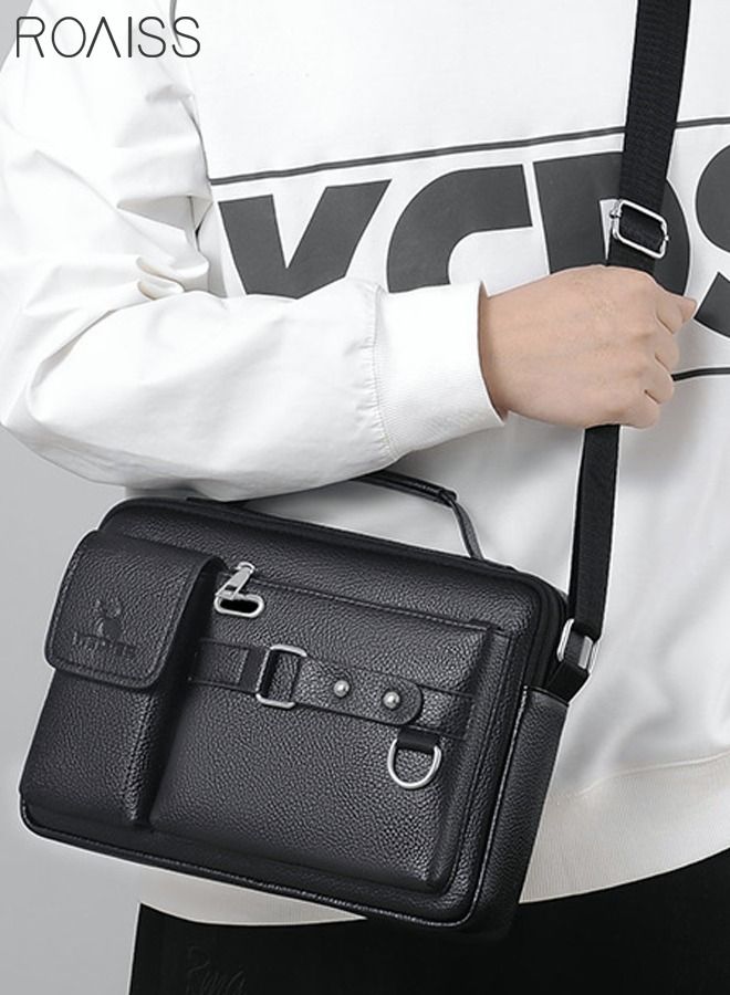 roaiss Business Messenger Shoulder Bag PU Leather Retro Chic Handbag Casual Portable Zipper Crossbody Shoulder Bag Husband Gift for Men Travel Work Office Dark Black  - Image 2