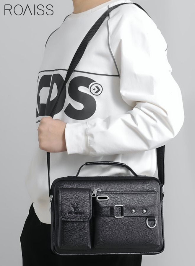 roaiss Business Messenger Shoulder Bag PU Leather Retro Chic Handbag Casual Portable Zipper Crossbody Shoulder Bag Husband Gift for Men Travel Work Office Dark Black  - Image 3