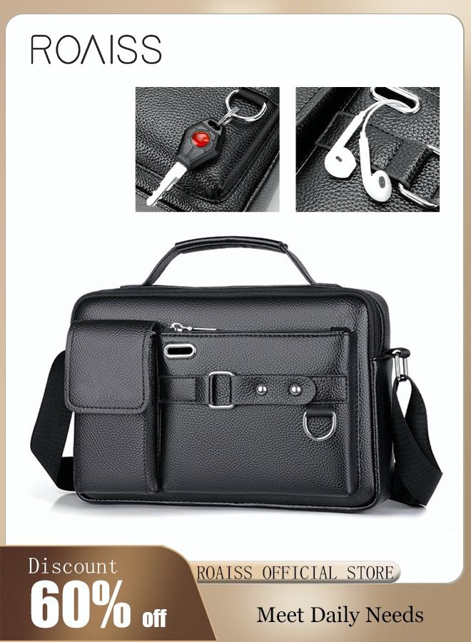 roaiss Business Messenger Shoulder Bag PU Leather Retro Chic Handbag Casual Portable Zipper Crossbody Shoulder Bag Husband Gift for Men Travel Work Office Dark Black  - Image 1